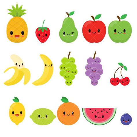 Kawaii Fruit Cute Fruit Clipart Happy Fruit Clip Art Etsy