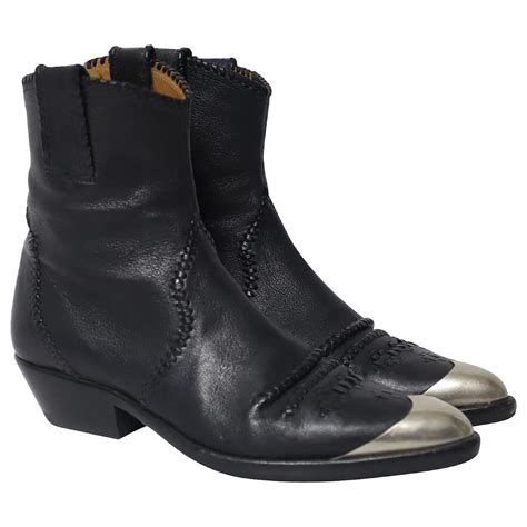 Isabel Marant Silver Tip Cowboy Ankle Boots In Black Leather Ref641250