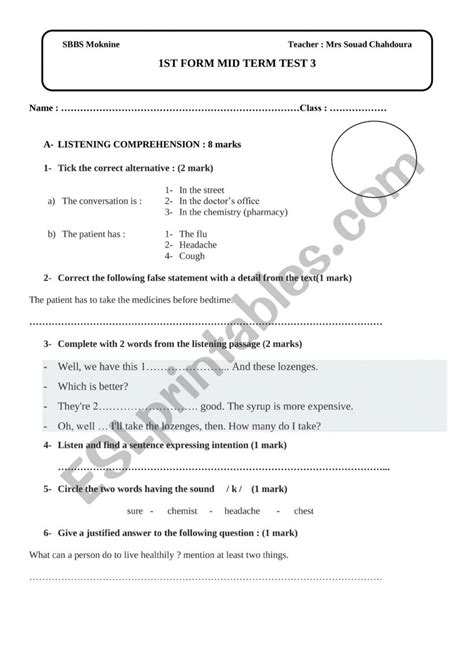 1st Form Mid Term 3 Test Esl Worksheet By Slimsouad208uk