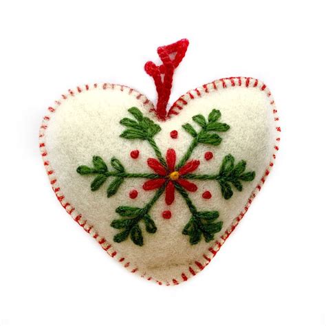 White Heart Embroidered Wool Ornament Heart Ornament Embroidered