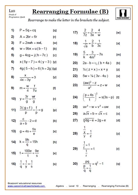 Rearranging Algebraic Equations Worksheet With Answers