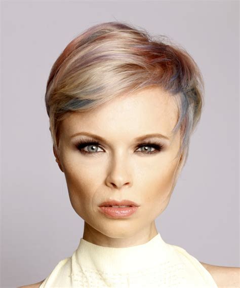 short straight formal pixie hairstyle with side swept bangs light blonde and blue two tone
