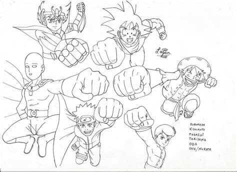 Goku Luffy Yusuke Naruto Saitama Y Seiya Lineart By Gabelogan3d On