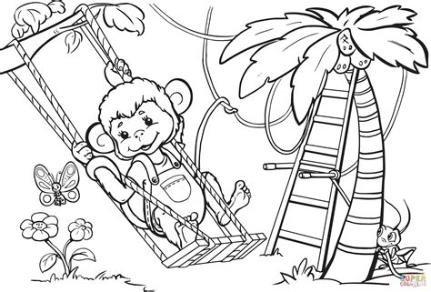 Realistic capuchin monkey coloring page for kids, teachers, and parents. Monkey is Swinging from the Tree coloring page | Free ...
