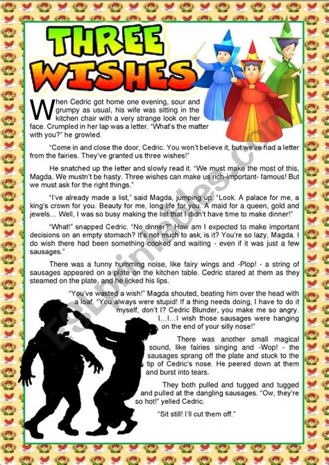 The Three Wishes Fairytale Reading And Comprehension Bandw Included Esl