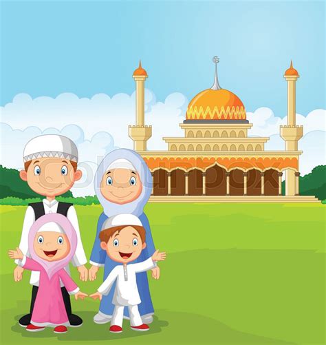 #gambarkartun #ekspresiwajah latihan dasar gambar karakter kartun. Vector illustration of Cartoon happy Muslim family | Stock Vector | Colourbox