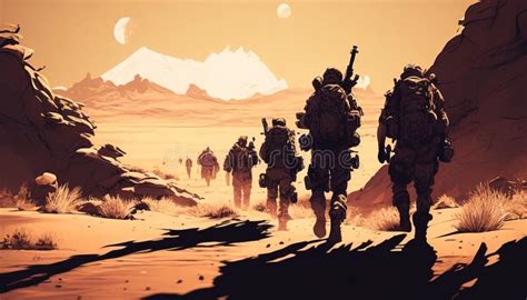 Soldiers Marching In The Desert With Weapons Stock Illustration