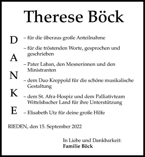 Traueranzeigen von Therese Böck Augsburger Allgemeine Zeitung