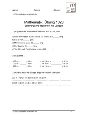 3 klasse mathe längen übungen. Größen Längen Übungsblatt 1028