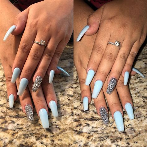 White & silver striped nails. Baby Blue Coffin Shaped Nails Silver Crystals #crystals # ...