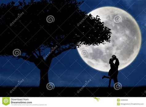 Couple Kissing By A Tree On Blue Full Moon Silhouette