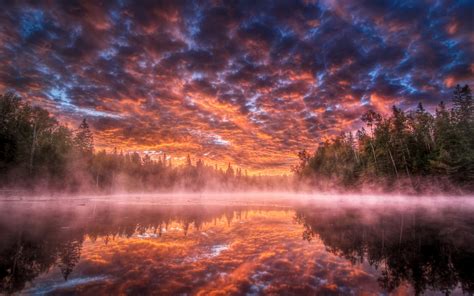 Sunset Lake Vapor Mist Heavy Clouds Red Sky Shadows Pine Drvjaultra