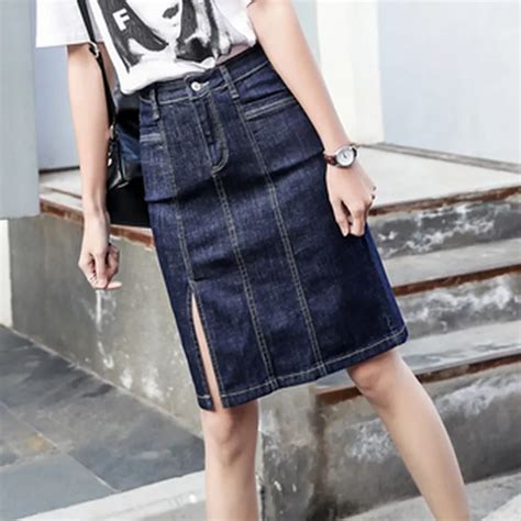 Buy New Arrival Women Denim Skirts Pencil Skirts Vintage High Waist Dark Blue