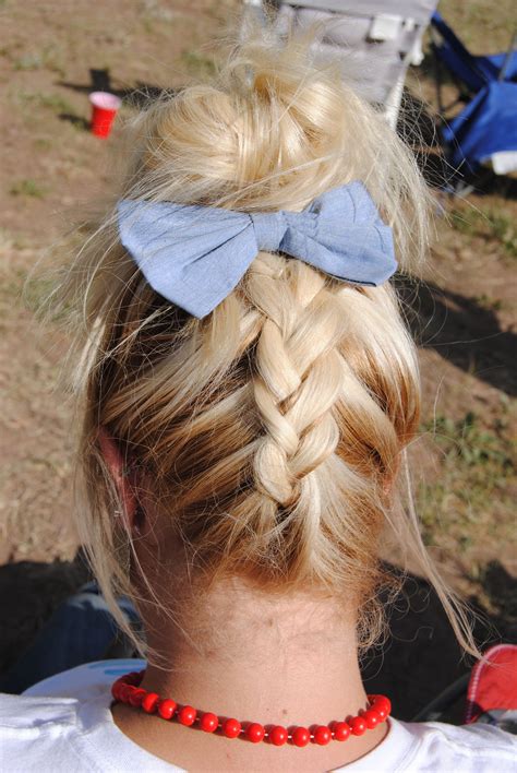 French Braided Messy Bun Updo With A Bow Cool Hairstyles Hair