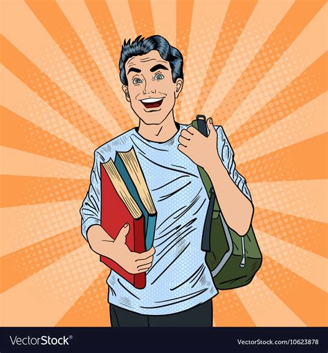 Male Pop Art Student With Backpack And Books Vector Image
