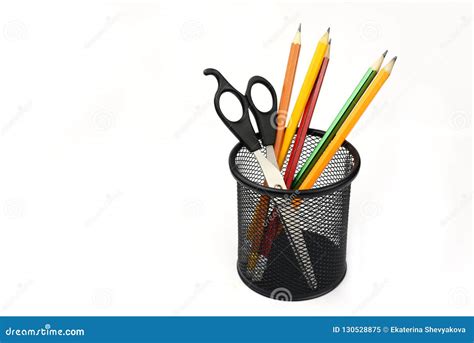 School Office Pen Pencils And Scissors In A Stack Of Black Stock Image