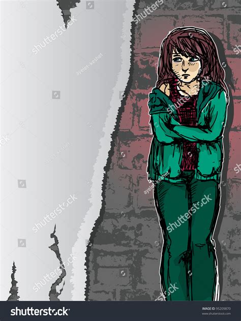 Girl Standing Against Brick Wall Looking Stock Illustration 95209870