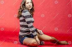 denim striped cheerful youthful sweater shorts walking young style girl jeans backgrounds