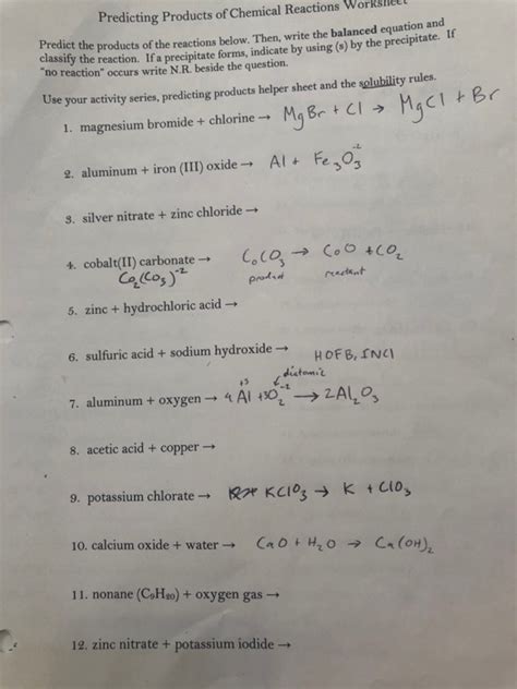 Predicting Products Of Chemical Reactions Worksheets With An