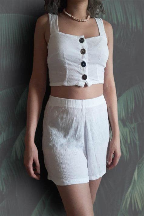 casual two piece co ord white set crop top high waisted shorts minimalist boho… bohemian