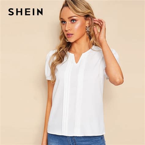 Shein Lady Basic V Cut Pleated Detail Tunic White Short Sleeve Blouse