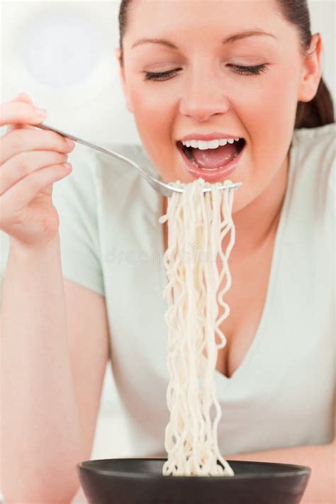 Charming Woman Posing While Eating Pasta Stock Image Image Of