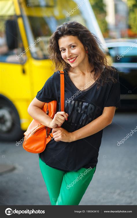 Beautiful Blackhaired Model Girl Posing Cloth Bags Advertise City