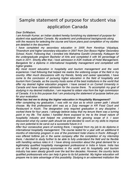 Sample Statement Of Purpose For Student Visa Application Canada My