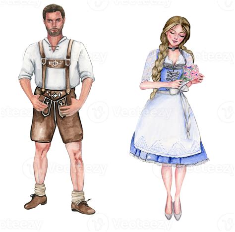 Watercolor Hand Drawn Man And Woman In National German Costume