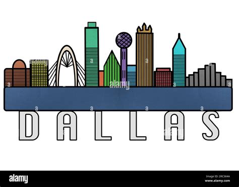 Dallas Skyline Colorful Horizontal Illustration Line Art Silhouette Of