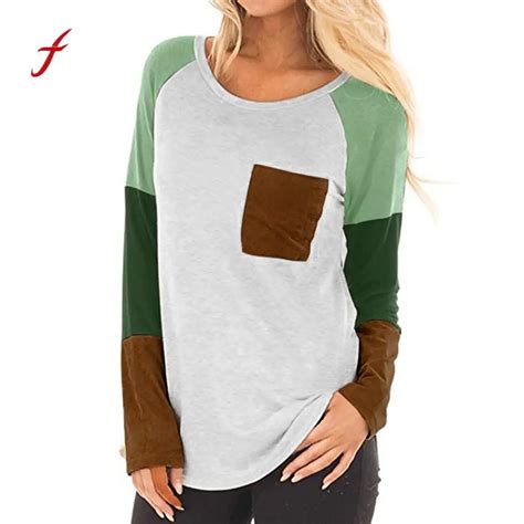 Feitong Quality Spring Tops Women T Shirts Ladies Pocket Patchwork