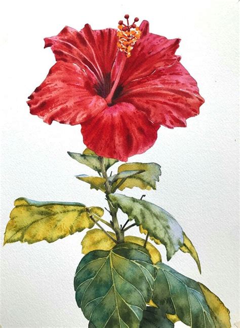 A Painting Of A Red Flower With Green Leaves