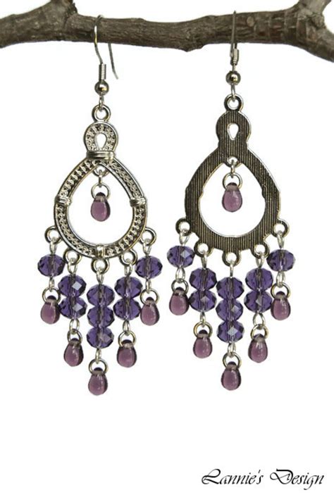 Purple Chandelier Earrings Beads Teardrop Crystal Clip Ons Etsy