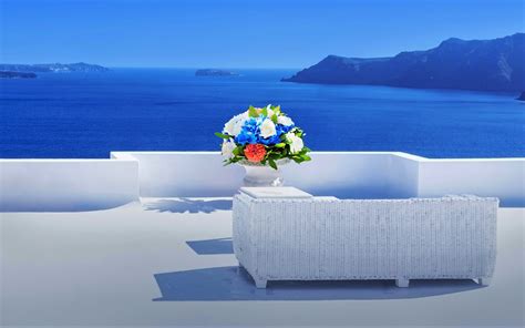 Balcony Couch Flower Greece Horizon Lounge Ocean Santorini Sea Wallpaper Resolution 2880x1800