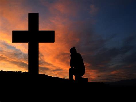 Cross Sunset Silhouette Human Kneeling Knee Pray Mixed Media By Poster