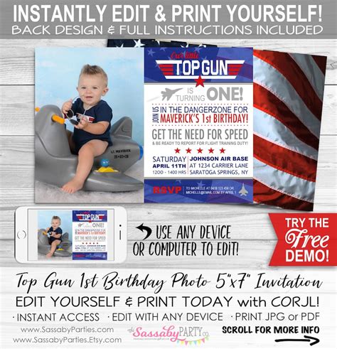 Top Gun 1st Birthday Photo Invitation Instant Download Etsy