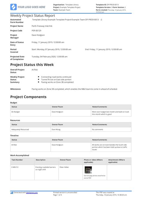 Weekly Project Status Report Template Free And Customisable