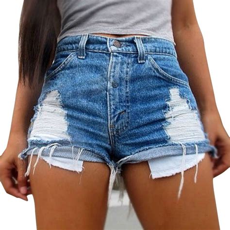 Summer Vintage Women Denim Shorts High Waist Retro Jeans Shorts Ripped Short With Hole