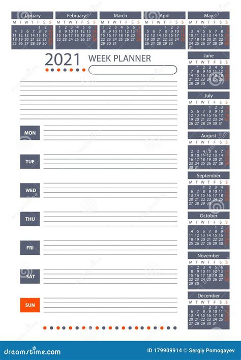 Calendario Del Planificador De 2021 La Semana Empieza El Lunes Ilustración Del Vector