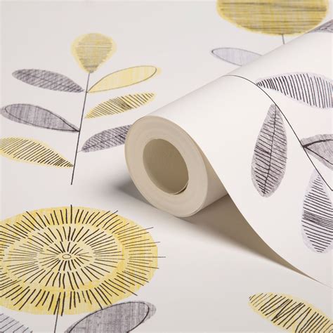 Graham And Brown Superfresco Grey And Yellow Flower Sketch Wallpaper