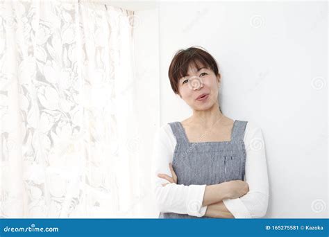 Cheerful Middle Japanese Woman Housewife In 40s Stock Image Image Of