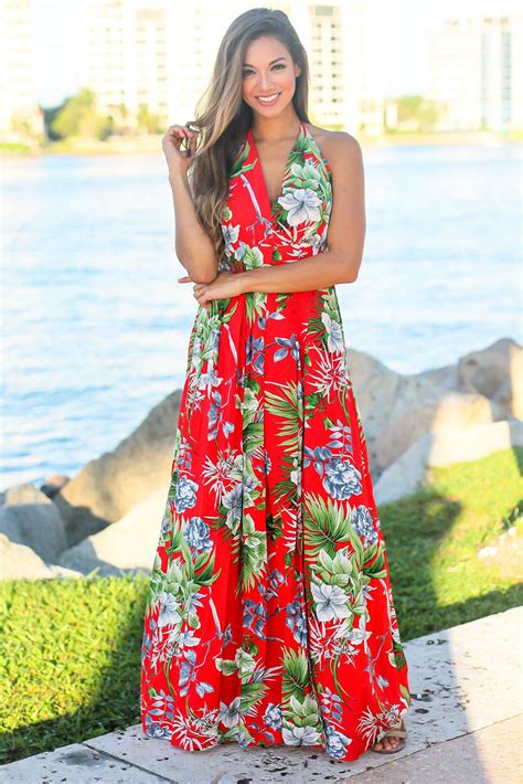 Red Tropical Halter Neck Maxi Dress Maxi Dresses Saved By The Dress