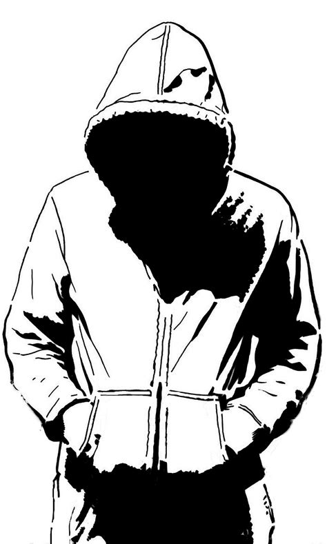 A Black And White Drawing Of A Person Wearing A Hoodie With His Hands