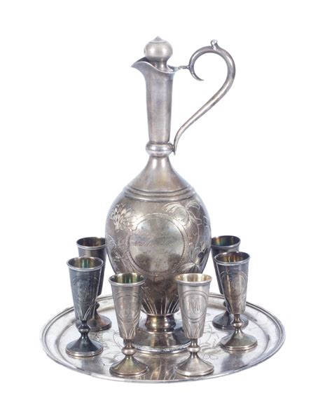Silver Set Decanter 6 Glasses Tray