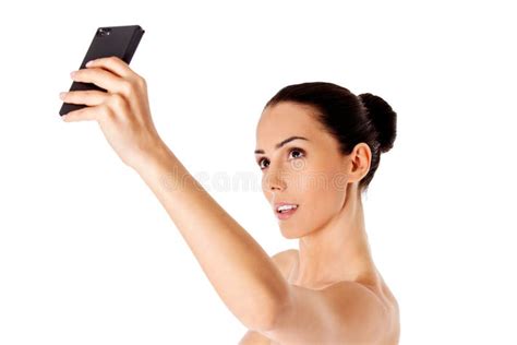 Nude Beautiful Woman Taking Selfie On White Background Stock Photo