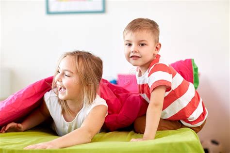 Happy Little Kids Lying On Floor Or Carpet Stock Image Image Of