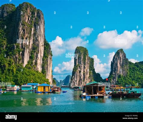 Floating Village And Rock Islands In Halong Bay Vietnam Southeast