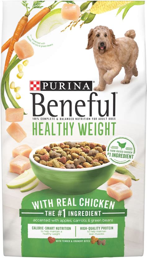 The dashboard displays a dry matter protein reading of 31%, a fat level of 18% and estimated carbohydrates of about 43%. Purina Beneful Healthy Weight with Real Chicken Dry Dog ...