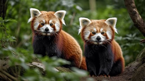 Two Red Panda Sitting Close Together Against The Forest Background