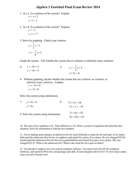 Algebra 1 Enriched Final Exam Review Short Answer